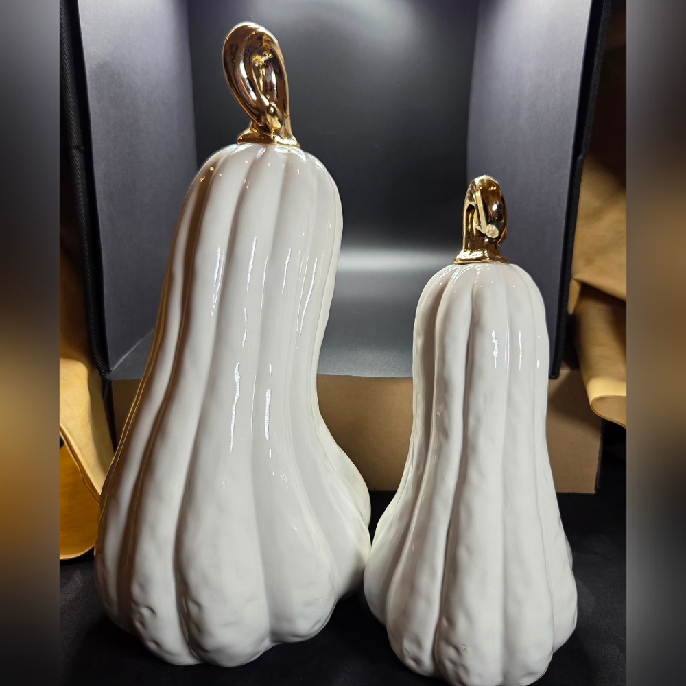 "Two's Company" Gourdges Set Of Two White Ceramic Gourds With Gold Stems - Picture 2 of 8